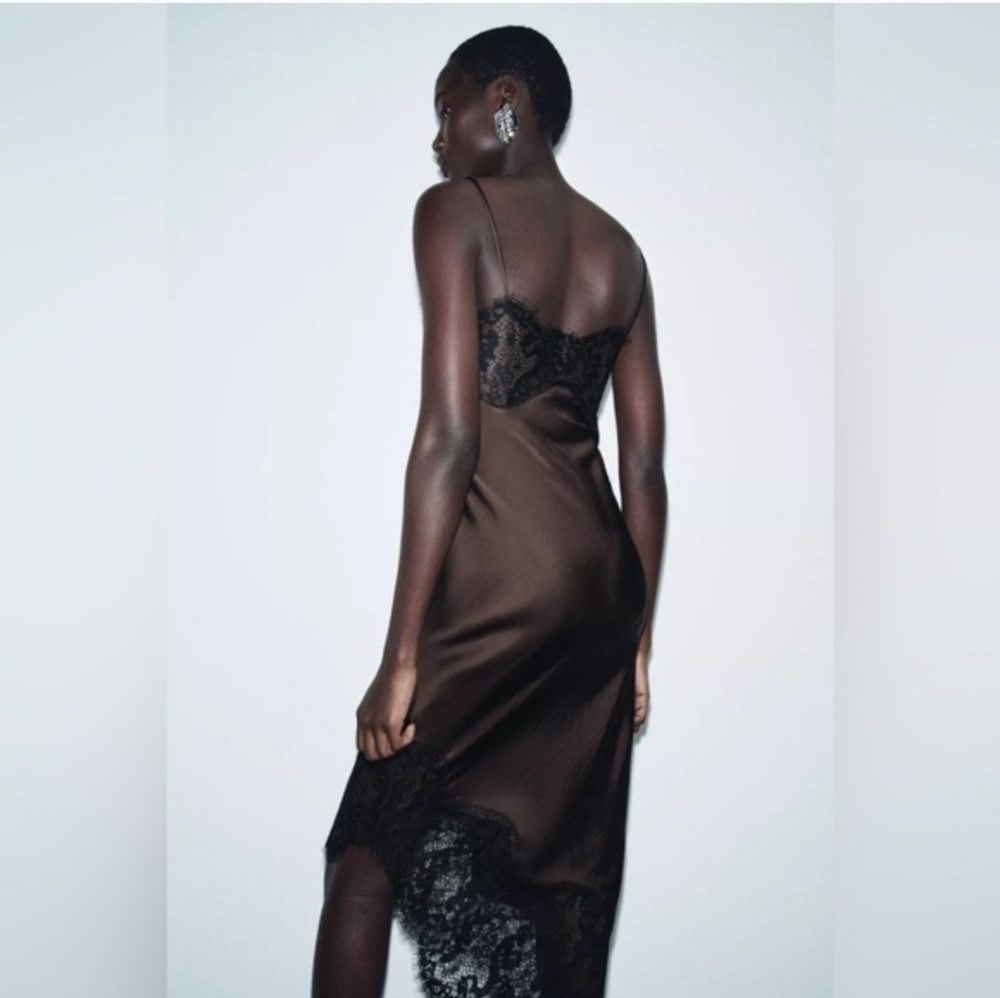 Zara ASYMMETRIC SATIN LACE DRESS Brown Black Size XS S NWT - Picture 13 of 16